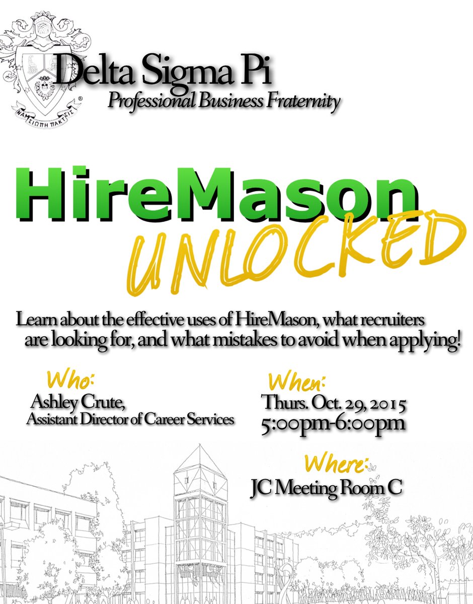 GMUDSP's tweet photo. This Thursday 5pm-6 pm JC ROOM C!! Learn about what you need to know about HireMason! All students are welcome!! https://t.co/93nxp4odcb