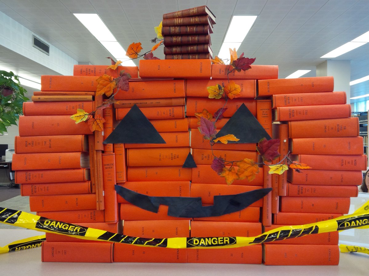 acadialibrary's tweet photo. Come see our pumpkin made of books!! #pumpkin #librarypumpkin #bookpumpkin #acadiau https://t.co/mWd38DghkY