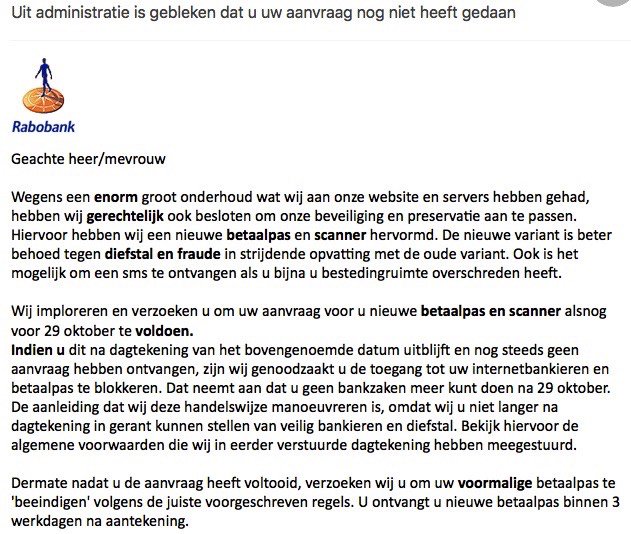 WimAEJansen's tweet photo. #physing Heerlijk herkenbaar taalgebruik hebben die oplichters. Zou daar nou nog iemand intrappen? @rabo https://t.co/AxgZWWKPRg