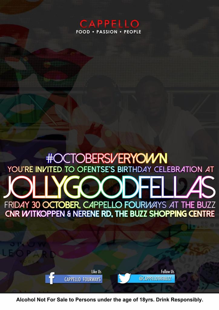 CappelloTheBuzz's tweet photo. This Friday @OfentseZA celebrates his Bday at #JollyGoodFellas #OVO Friday 😊 #JollyGoodFellas30Oct  https://t.co/UD2pXcgsrv