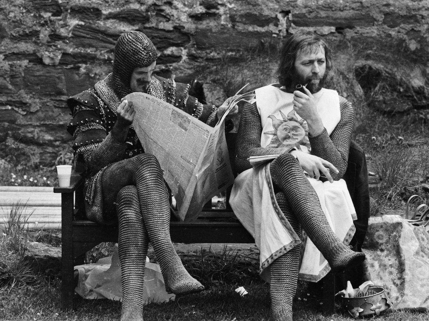 Happy birthday John Cleese, he\s 76 today. Here he is with Graham Chapman on the set of \The Holy Grail\ (1975). 