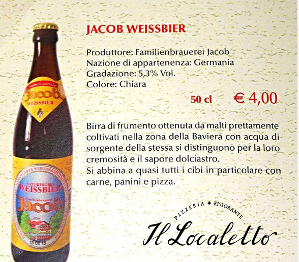 IlLocaletto's tweet photo. La @birraartigiana Jacob WeissBier solo al @IlLocaletto 
#italia #Germany #gourmetguru https://t.co/TRn6Be9tDV