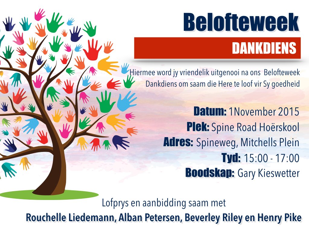 Tygerberg104fm's tweet photo. As jy Sondag in die Mitchell's Plein omgewing is, kom neem deel aan ons #Belofteweek Dankdiens. @rosebud_mgada @cois https://t.co/6kTfN6DmGD