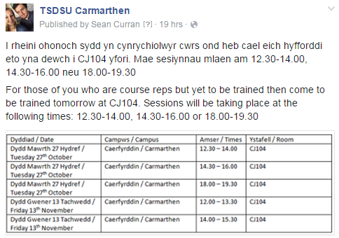 **** AMSERAU HYFFORDIANT CYNRYCHIOLWYR CWRS****
              **** COURSE REP TRAINING TIMES****