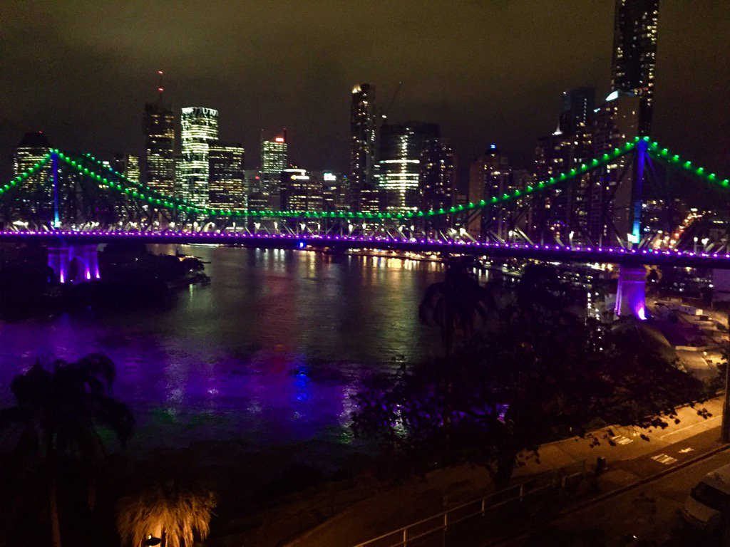 bridgelights's tweet photo. #StoryBridgeLights turn #Purple and #Green for @NDIS #Conference2015 #Brisbane https://t.co/EH16N7Gali