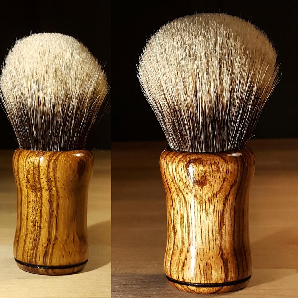 New Zebrawood 26mm badger Shaving Brush up on manhandledwoodshop.com #wetshaving #shaving #sotd