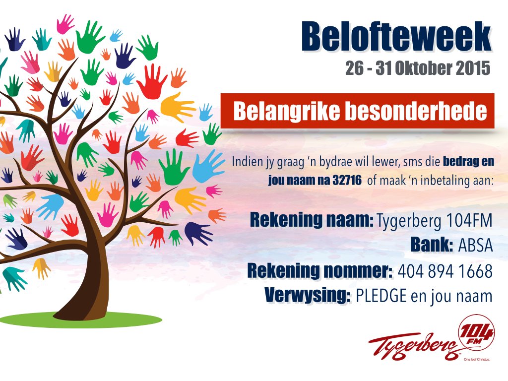 Tygerberg104fm's tweet photo. Ons #Belofteweek Dankdiens is Sondag in Mitchell's Plein.Jy's welkom! @HardusZ @KarienB11 @BantomKaylynne @DenJenLaw https://t.co/BqXdP8t8OH