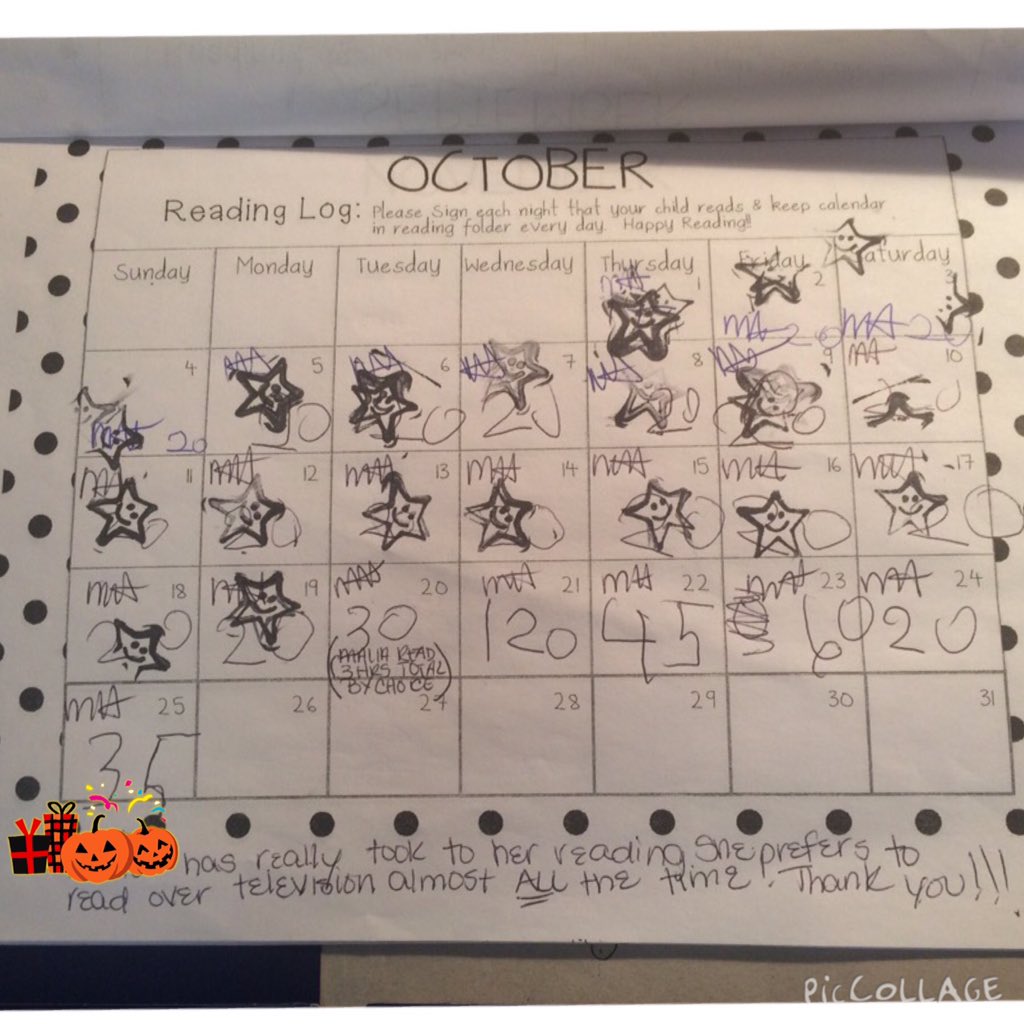 aroth008's tweet photo. The perfect start to my week: reading logs, parent involvement, and student celebrations. #RUOS #tcrwp #byebyeTV https://t.co/gFbonLjwaU