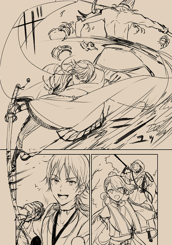 鶴丸が刀振ってるの描くの初めてじゃないかとみかつる描きはじめて半年目の秋に気付く 