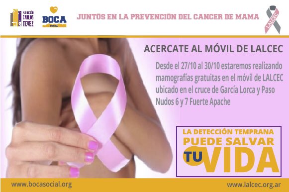 #Boca y #Lalcec, juntos una vez más en la prevención del cáncer de mama con un móvil en Fuerte Apache. Acercate.