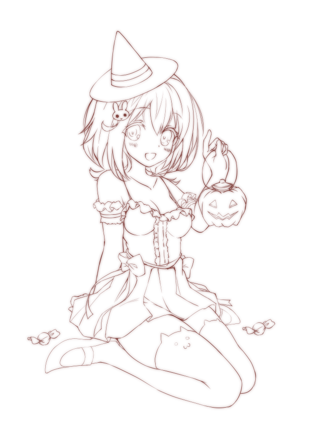 本日のお絵かきの途中経過、ハロウィンっぽいコスの風町陽歌ちゃん。 