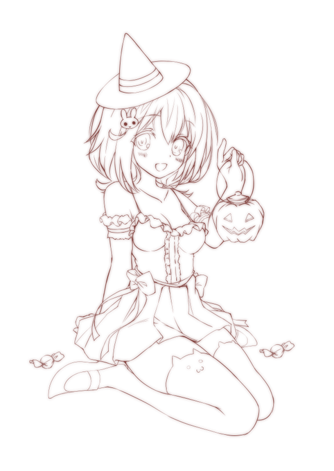 本日のお絵かきの途中経過、ハロウィンっぽいコスの風町陽歌ちゃん。 