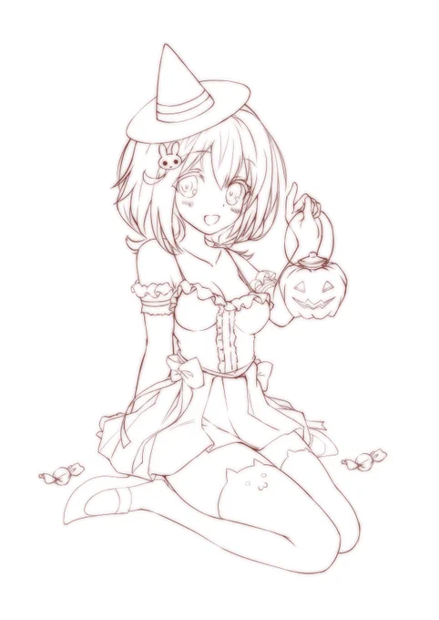 本日のお絵かきの途中経過、ハロウィンっぽいコスの風町陽歌ちゃん。 