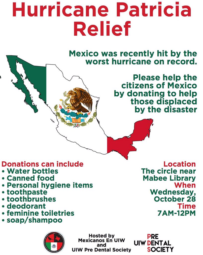uiwpds's tweet photo. Hey guys! Stop by and bring donations TOMORROW!! #HurricanePatricia #UIW @uiwcardinals @MexicanosenUIW https://t.co/QqM8dmY3It