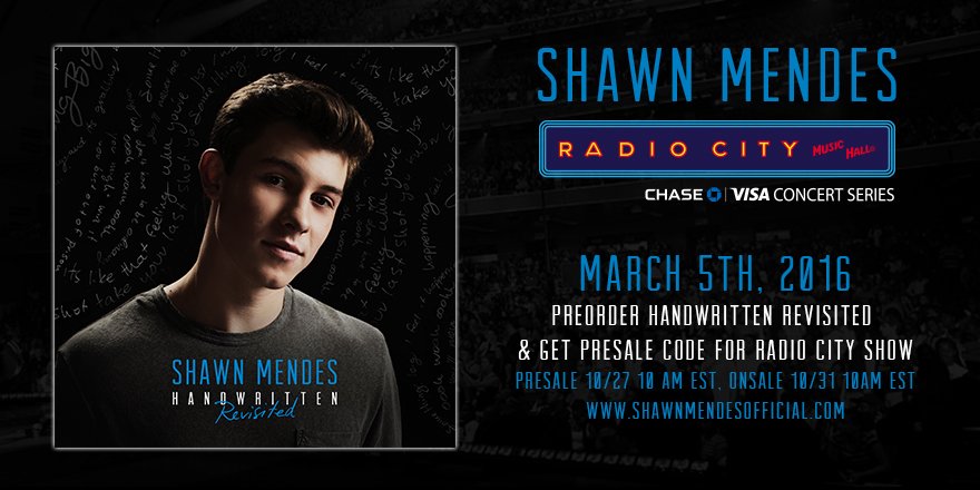 ShawnMendes's tweet photo. GUYS presale tix for Radio City now onsale ! Use ur #HandwrittenRevisited presale code here https://t.co/o2Yldfmkuo https://t.co/AS9Y29hnfA