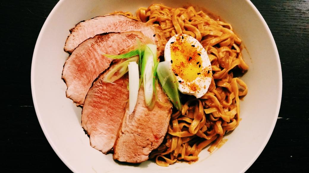 SailorSato's tweet photo. Sliced Miso marinated pork roast served with curry noodles and a hard boiled egg. #pork #food #eggs #noodles #curry https://t.co/g8xYsXUJLn