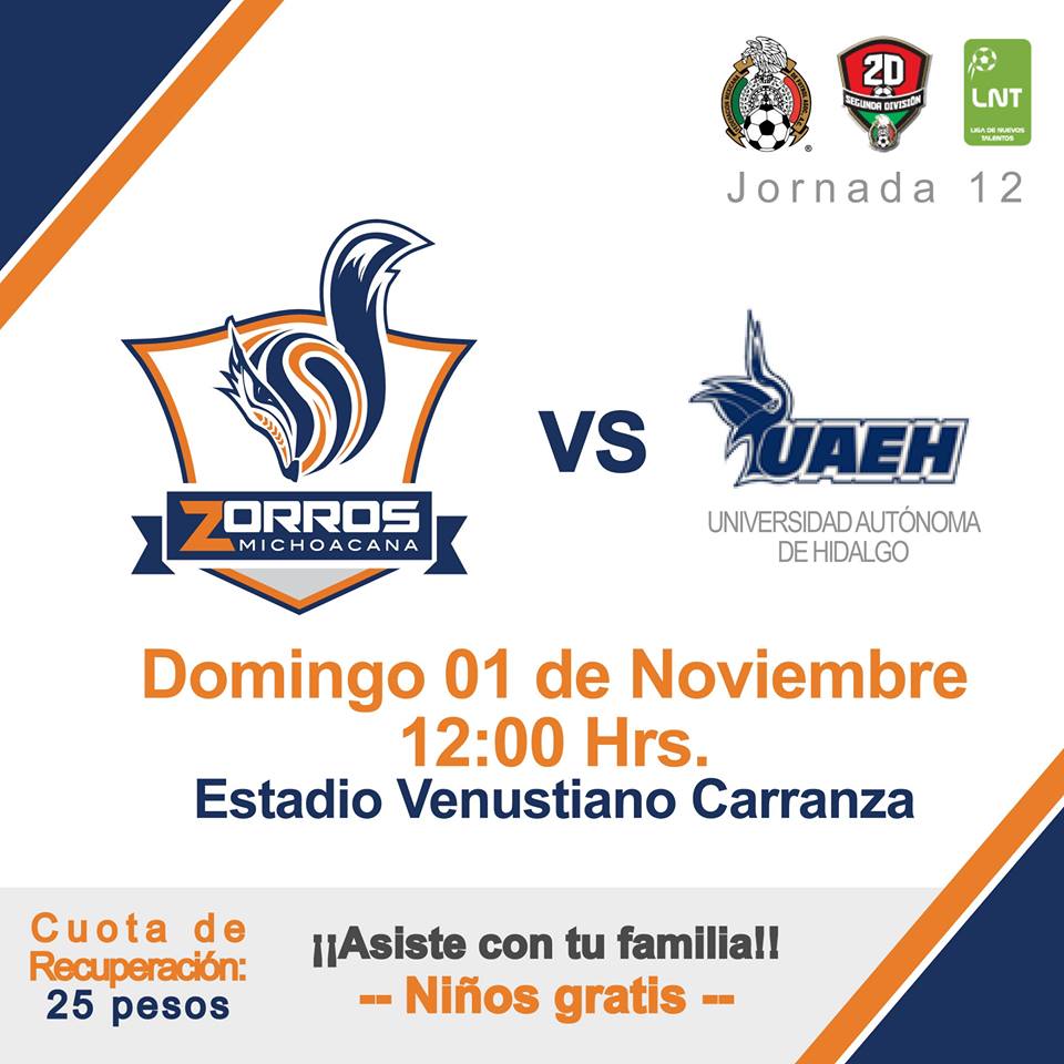 FcZorros's tweet photo. Todos al Estadio Venustiano Carranza este domingo. ¡Siempre importante tu apoyo! @segundadivfmf @Krakenmood #UAEH https://t.co/XzsrvHAsat