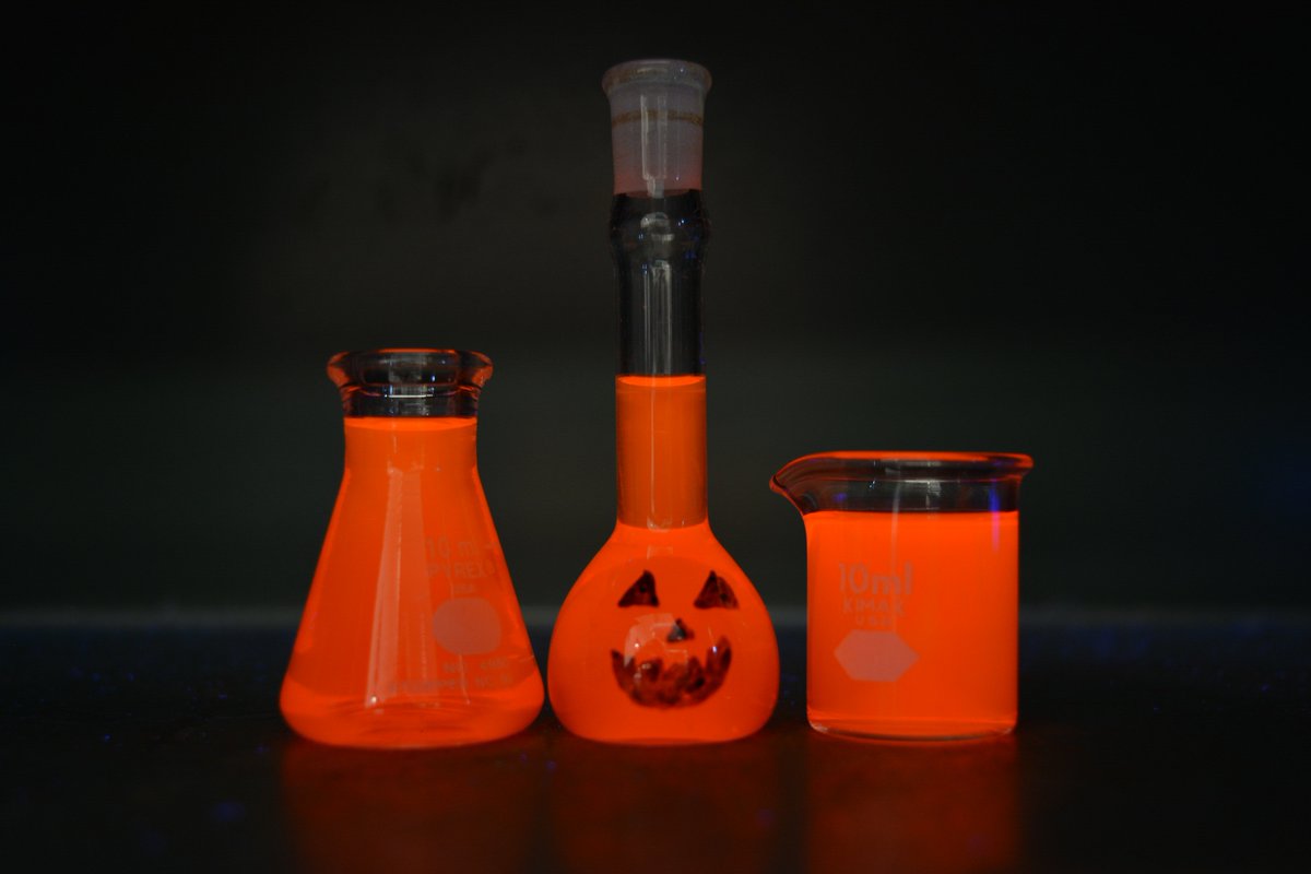 DrummerBoy2112's tweet photo. Happy #Halloween from the Wagner research lab, #UPEI. A little orange #fluorescence. #RealTimeChem #science #CEN https://t.co/e1RXfL6tJP