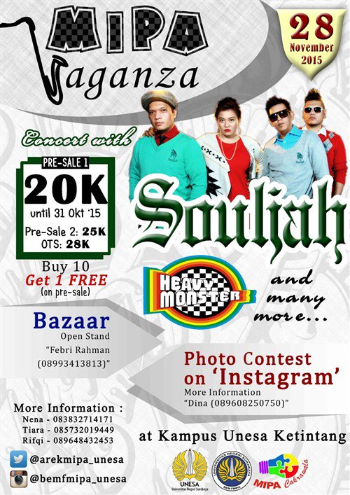 eventsurabaya's tweet photo. MIPA VAGANZA 2015 w/ @souljahmusik @heavymonsterska, etc | 28 Nov'15 At UNESA, Ketintang | CP: 0838 3271 4171 https://t.co/BPEDJGLB38