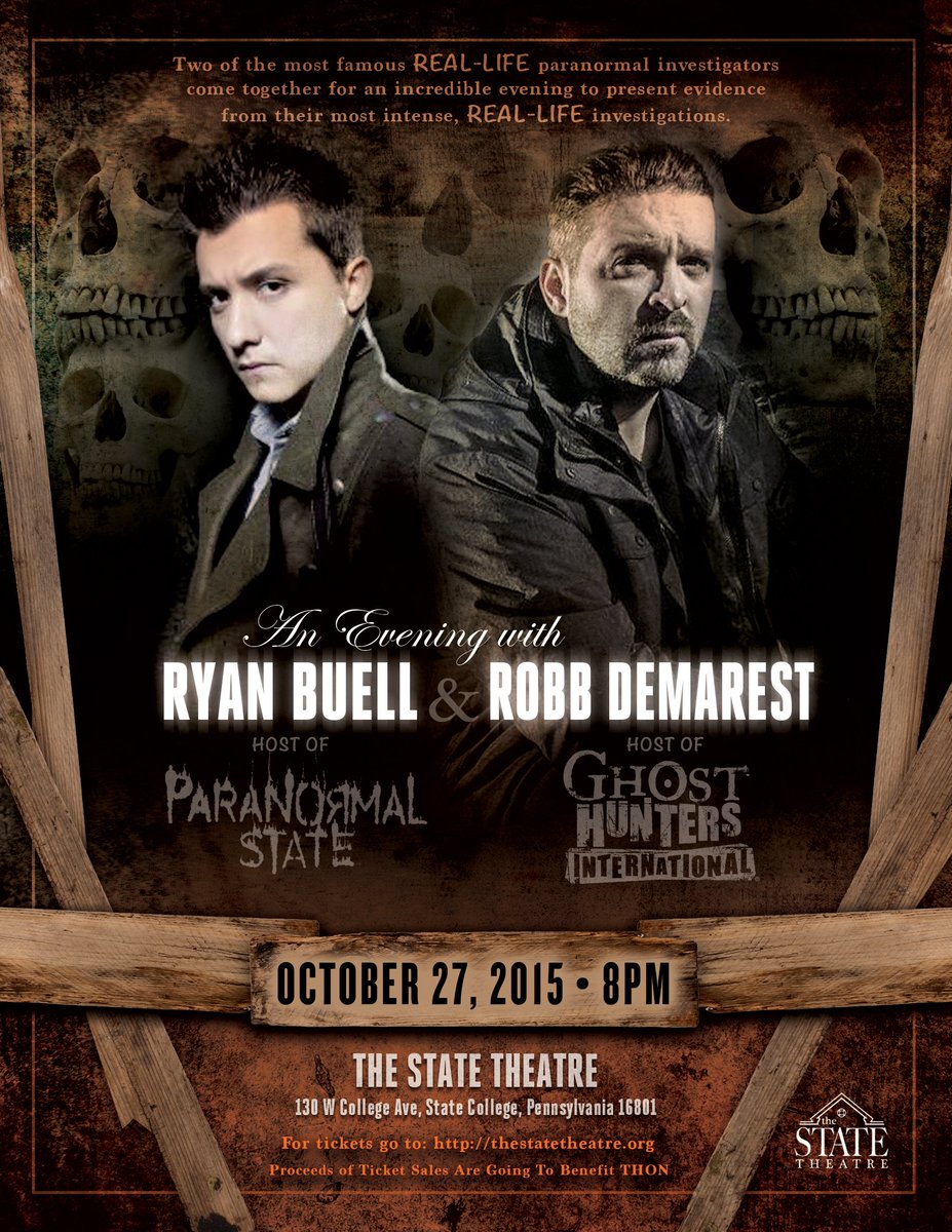 penn_state's tweet photo. "Paranormal State's" @ryan_buell &amp; "Ghost Hunters'" @RobbDemarest will speak at 8 p.m. @TheStateTheatre https://t.co/7MMmEPNliT