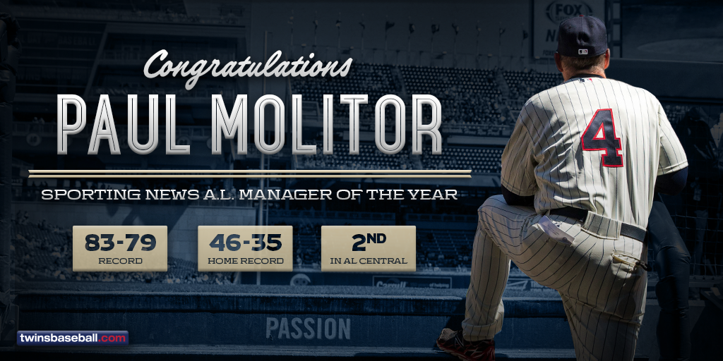 Twins's tweet photo. Congratulations on being named Sporting News A.L. Manager of the Year, Paul Molitor! https://t.co/J3ggtWb74Z https://t.co/tkIIg0HPAL
