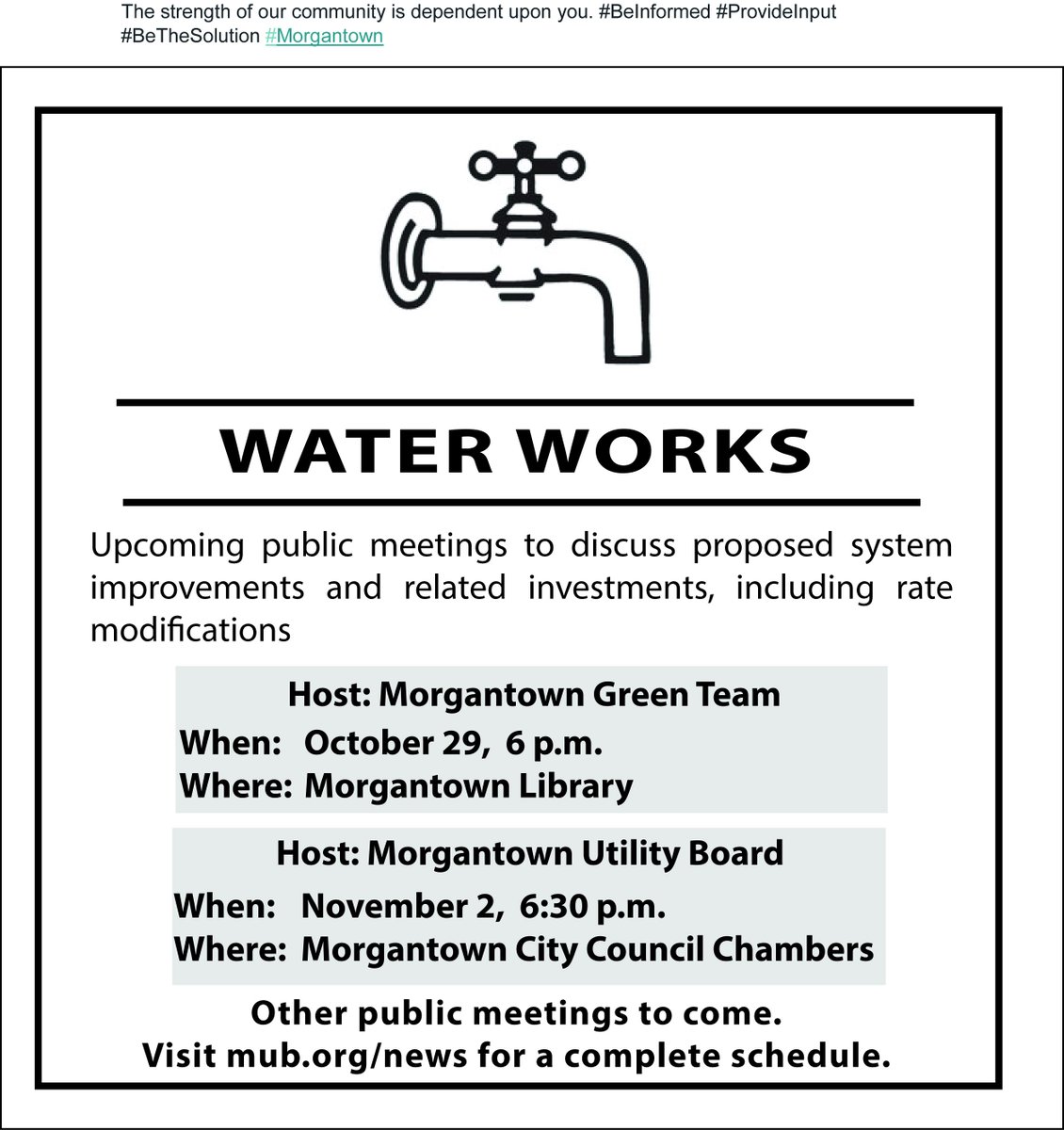MUBWater's tweet photo. “An enlightened citizenry is indispensable” – Thomas Jefferson
#BeInformed #ProvideInput #BeTheSolution #Morgantown https://t.co/yqS1YoffLM