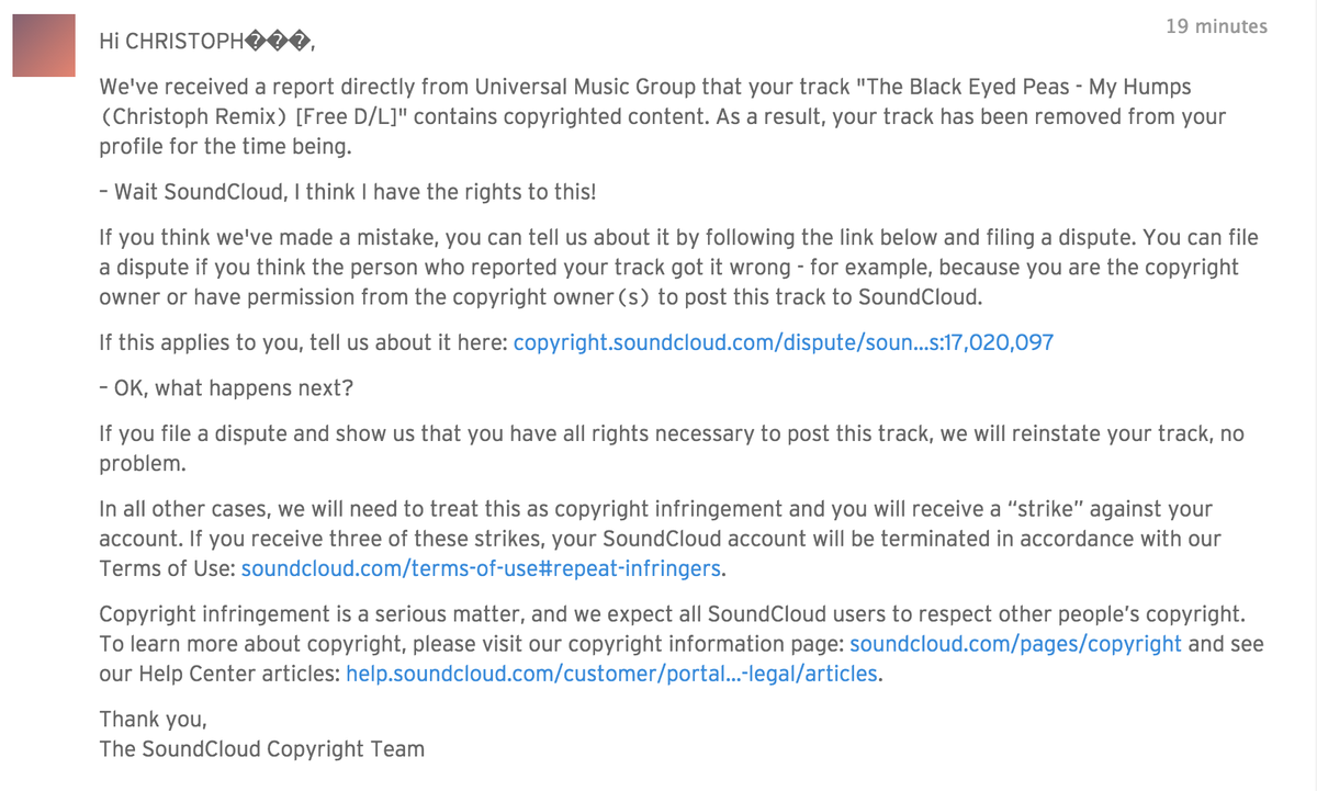 ChristophMusic's tweet photo. Sorry guys @UMG and @SoundCloud removed my remix of @bep :/ it was a personal favorite of mine. https://t.co/ILaTCDWbM9