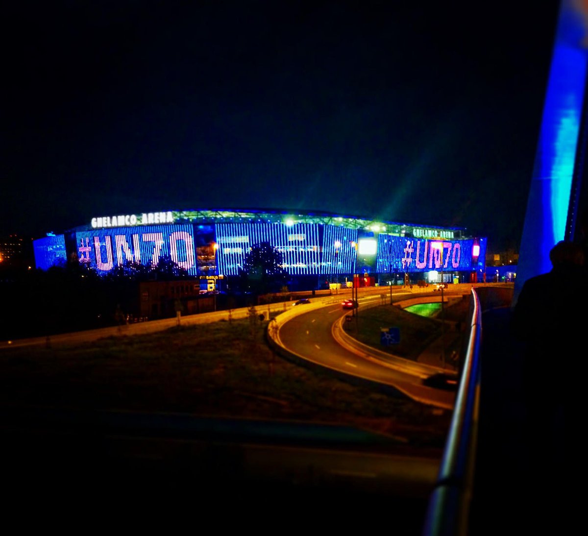 UN's tweet photo. Sport is key for peace, development + more - soccer/football venues turned #UNBlue!  https://t.co/vQQcGR8CkQ #UN70 https://t.co/Hrsrqp4TIM
