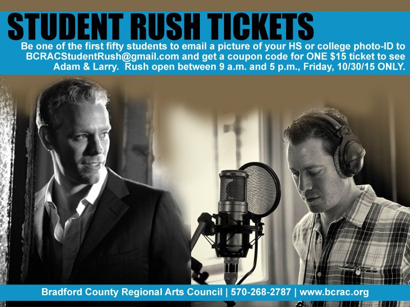 BradCoArts's tweet photo. October 30, 2015 Student RUSH tickets: share share share https://t.co/Mqsjfayj0M
