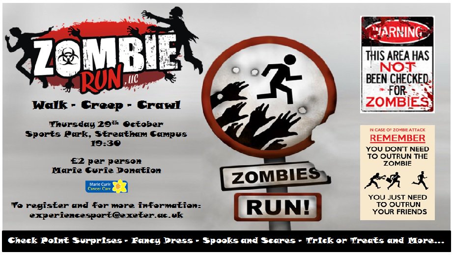 Experiencespor1's tweet image. Don't forget to register for the ZOMBIE RUN at the Sports Park Reception for a £2 donation &amp;amp; collect your wristband.