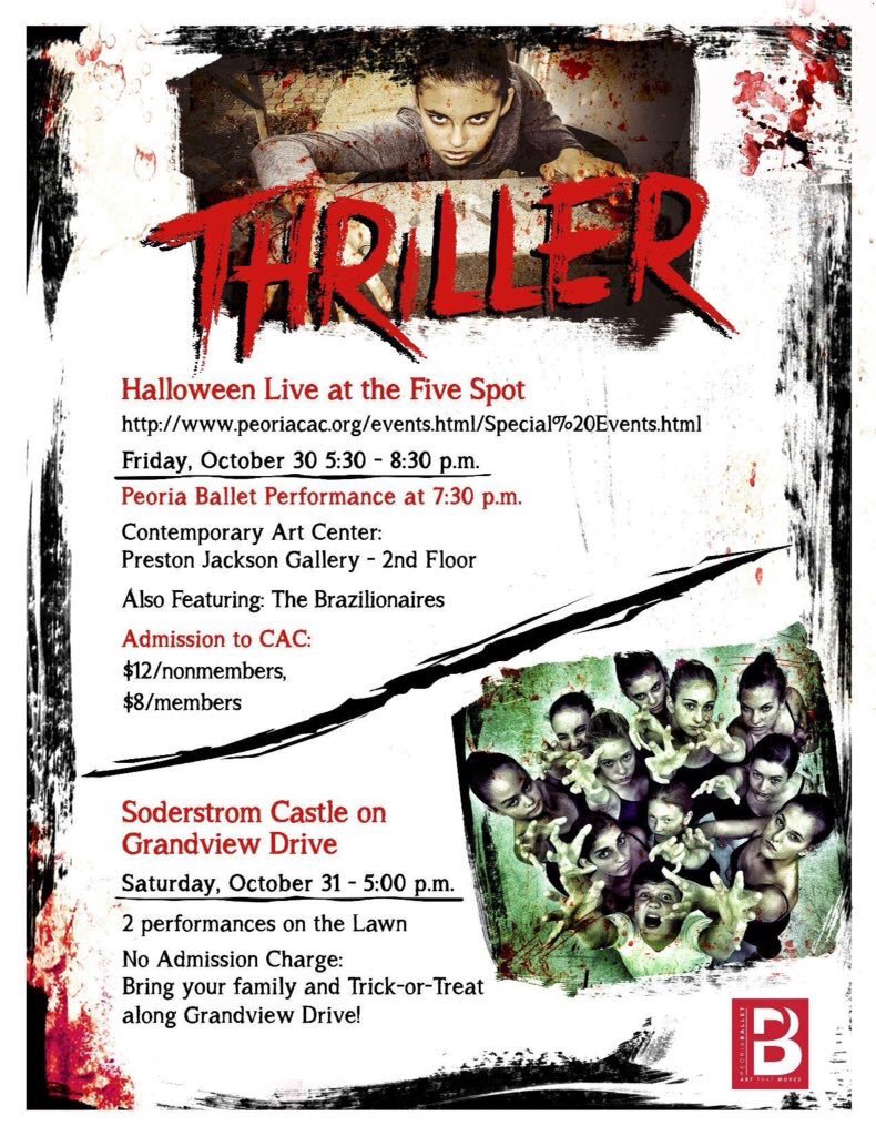 PeoriaBallet's tweet photo. This Friday &amp; Saturday get spooked by the Peoria Ballet. #50thAnniversary #thriller #balletrules #halloween #zombies https://t.co/5bcci69aDQ