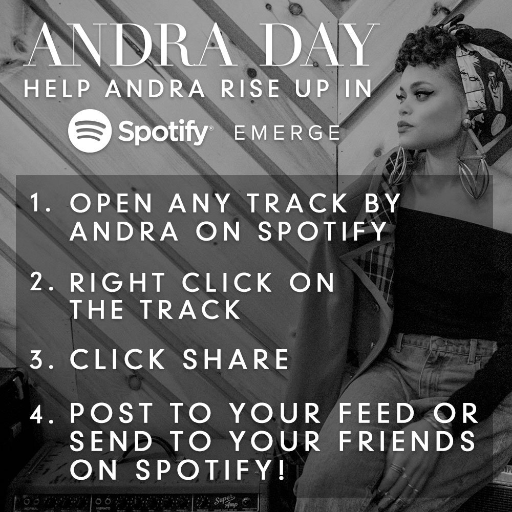 AndraDayMusic's tweet photo. Hey fam! I'm a member of the new @Spotify #Emerge cycle and need your help! 

Let’s rise up: https://t.co/RlW7PMbsmr https://t.co/300Q0iYII9