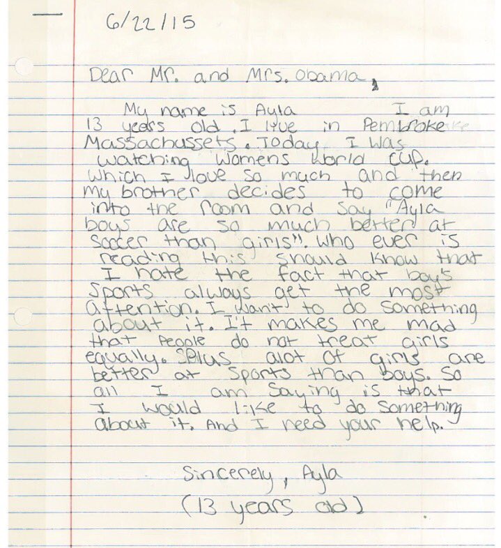USWNT's tweet photo. If you missed Ayla speak during ceremony this morning, here's letter she sent the President: #SheBelieves #WNTatWH https://t.co/YnXF1seHfQ