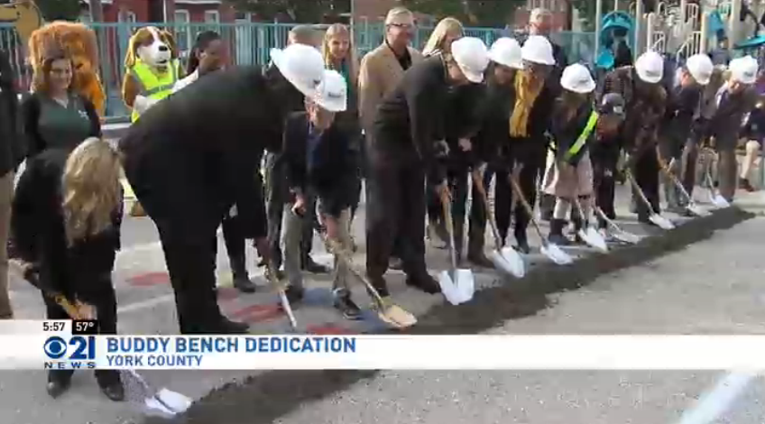 CBS21NEWS's tweet photo. Buddy bench breaks ground at #York County school: https://t.co/XKAPq1YK4p https://t.co/Bjy3tDEkxz