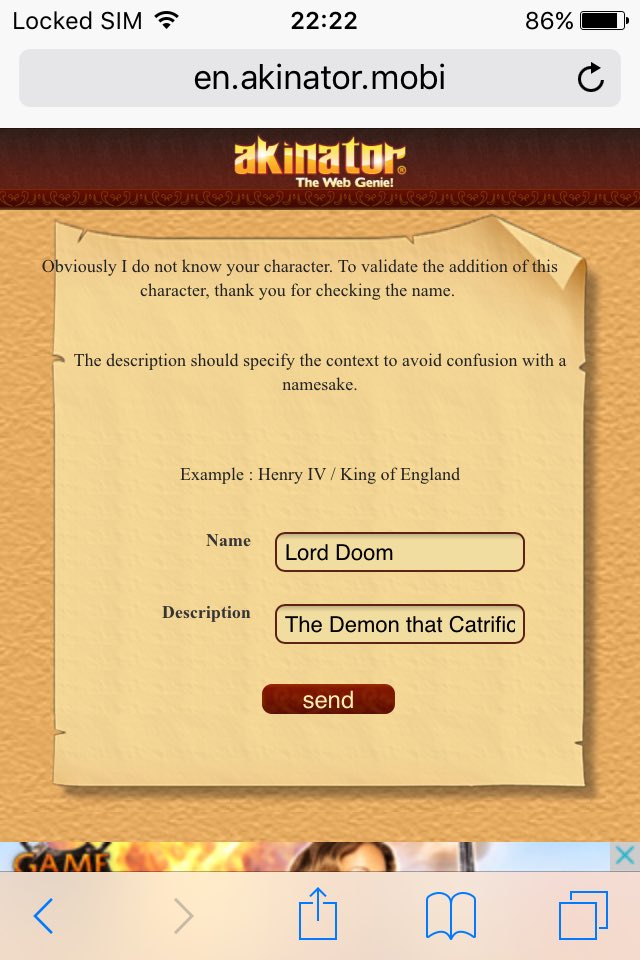 mollymacaskill's tweet photo. Yes I did it 😂 @danisnotonfire @AmazingPhil #Lorddoom #akinator @catrific https://t.co/IVT95JJELb