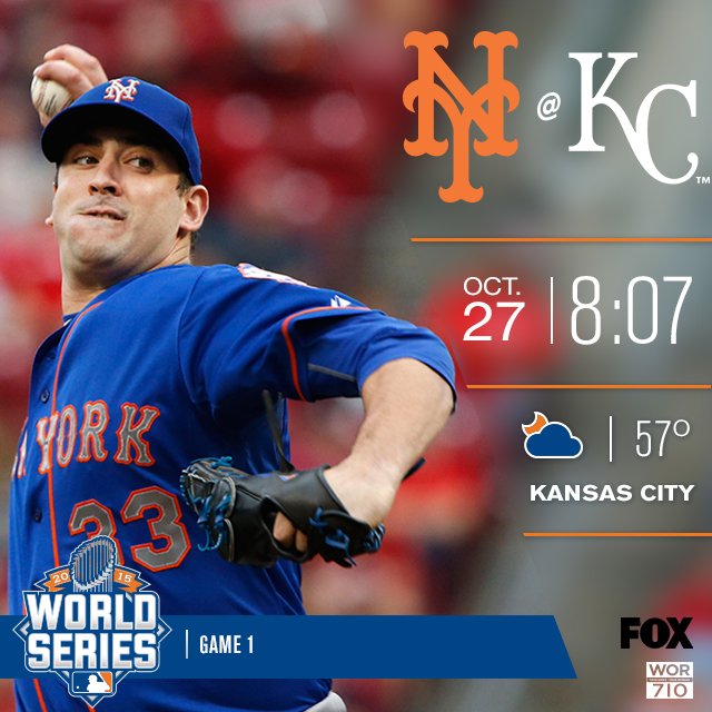 Mets's tweet photo. It's almost time for #WorldSeries Game 1! Watch tonight on FOX or listen on @WOR710. First pitch is at 8:07 p.m. https://t.co/uWOxkpP7sx
