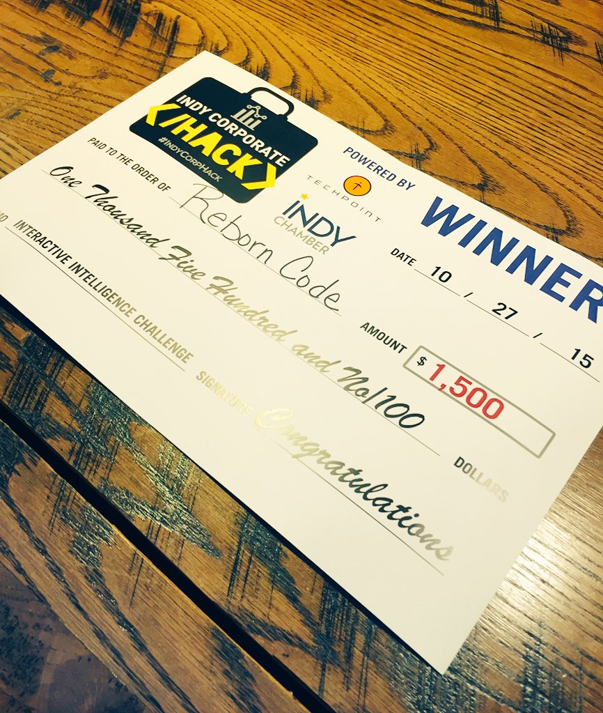 reborncode's tweet photo. Guess what??? We are happy to announce we won! Thank you to all those who helped!#IndyCorpHack #RebornCode https://t.co/Vm8NOCq9xf
