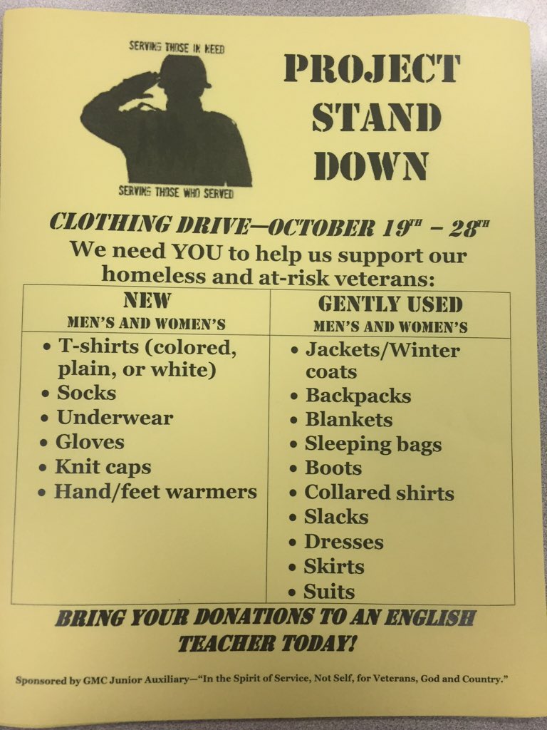 GMCJrAuxiliary's tweet photo. Don't forget to turn in your clothing items for Project Stand Down by TOMORROW!!!! https://t.co/GdgLfMiqEV