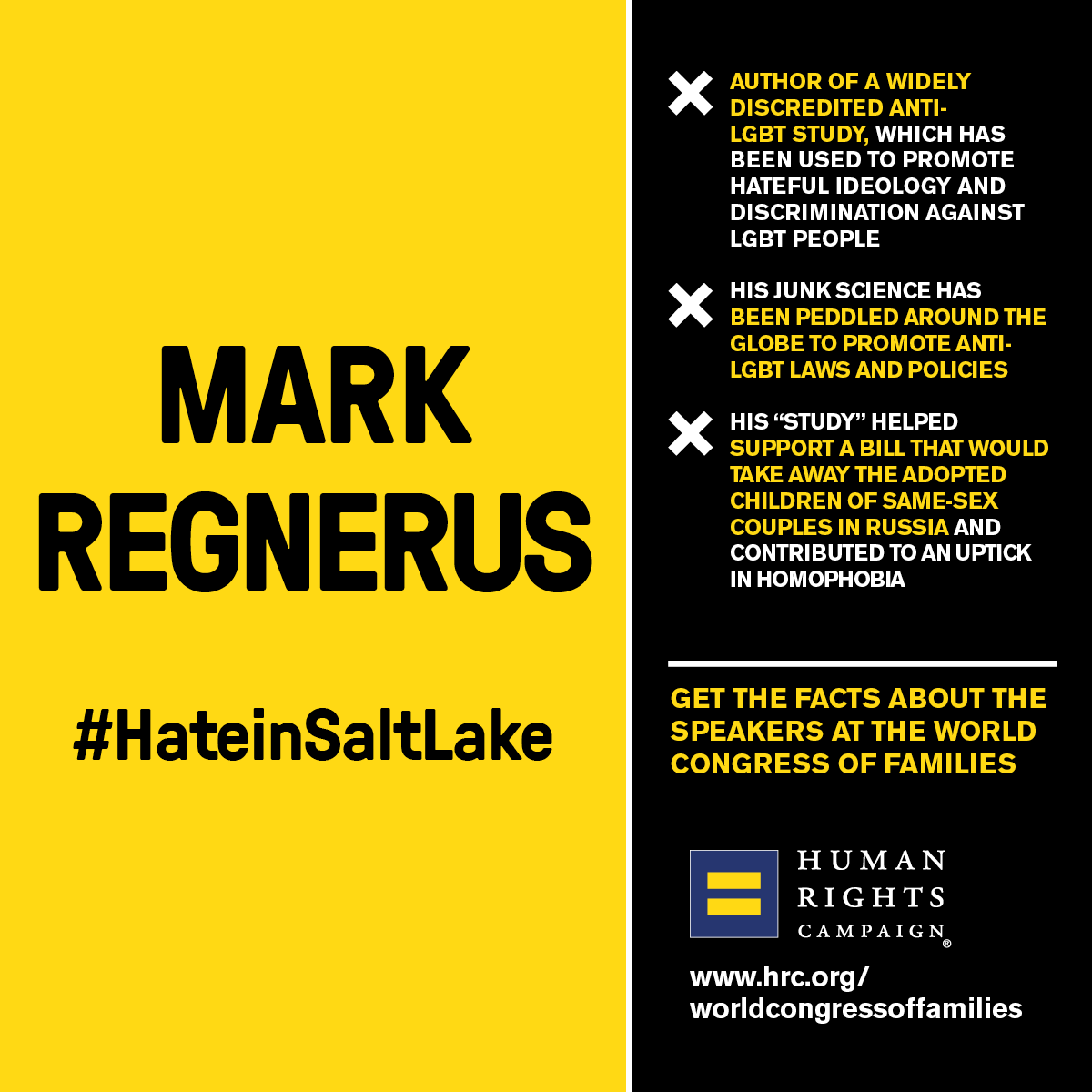 HRC's tweet image. #HateinSaltLake #WCF9 Regnerus claims he couldn&apos;t find stable same-sex couples for his study hrc.org/WorldCongresso…