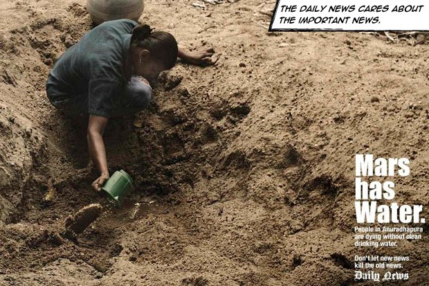 heroadsblog's tweet photo. "Mars has water. Don't let new news kill the old news". full campaign --> https://t.co/rw6PCFc9yo #Adversitising https://t.co/fJyq1D4fvz