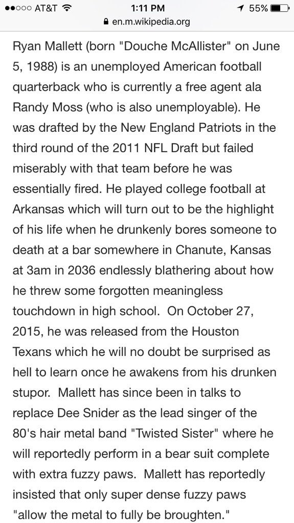 B1ackSchefter's tweet photo. Ryan Mallett's Wiki page https://t.co/X8i9xUZl2w