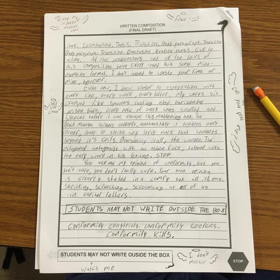 GingerLewman's tweet photo. Shared to me by @staciataylortex. Written by 15yo boy in her dau's school. All I can say is WOW! #revolution #edchat https://t.co/I4Z9YL1A0Y