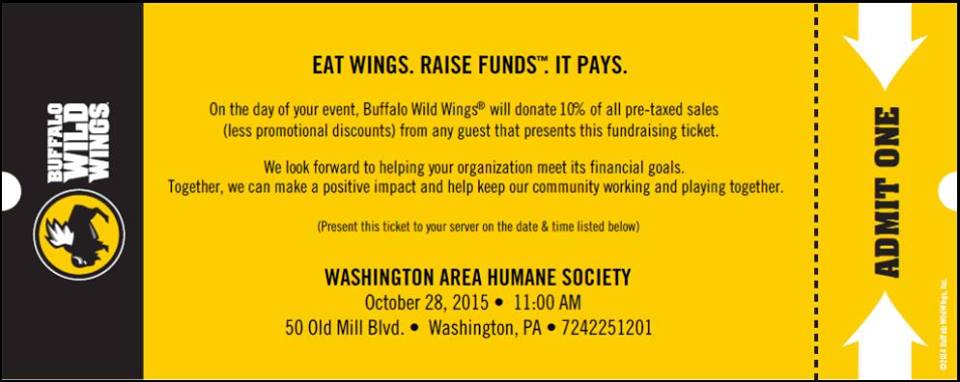 BeNiceToAnimals's tweet photo. Stop by Buffalo Wild Wings in Washington on Wed, October 28th. 10% of your bill will be donated to our shelter! https://t.co/eD63bsJD1l