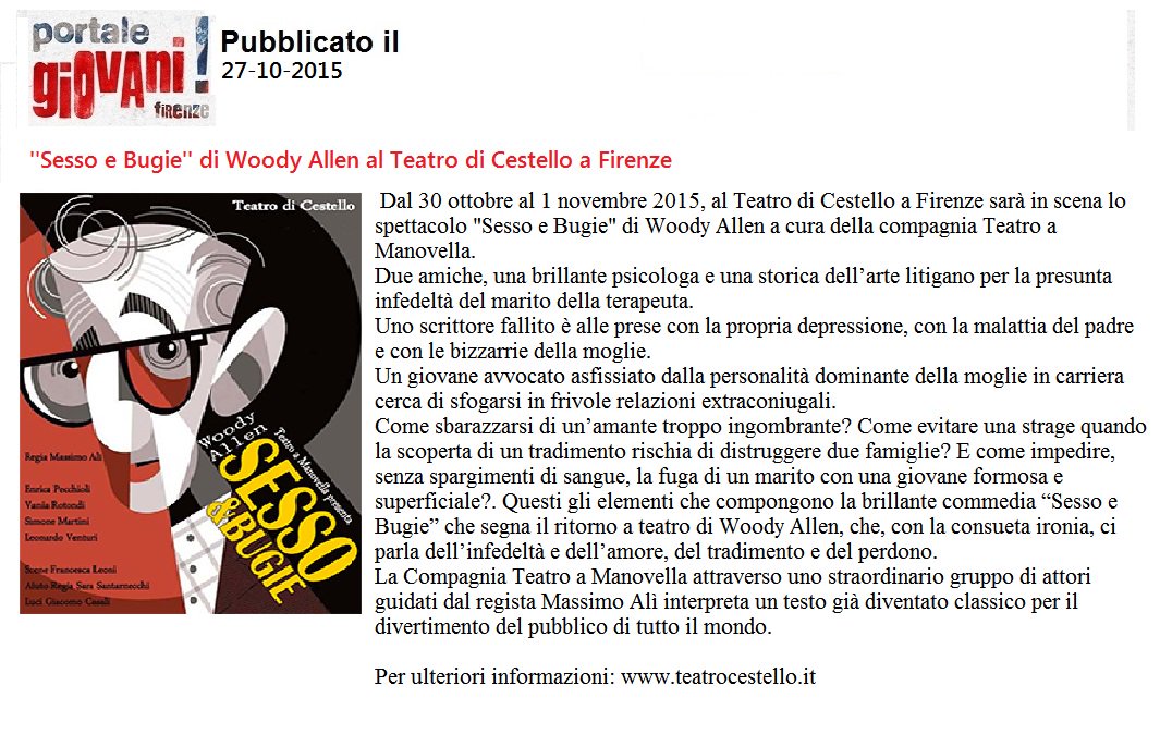 TeatroCestello's tweet photo. #Sesso e #Bugie di #WoodyAllen al #teatro di #Cestello di #Firenze ... ven. 30, sab. 31 ottobre e dom. 1 novembre! https://t.co/H3F0Gfo4Rp