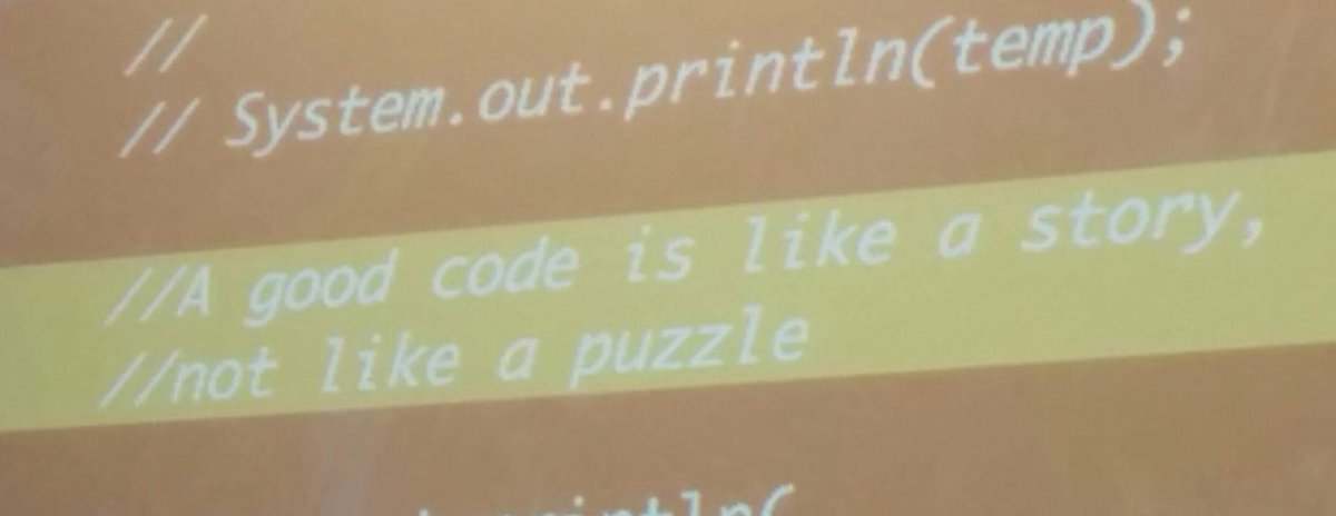 craigsdennis's tweet image. "Good code is like a story, not like a puzzle" @venkat_s Bravo! Excellent talk! #JavaOne2015 #JavaOne
