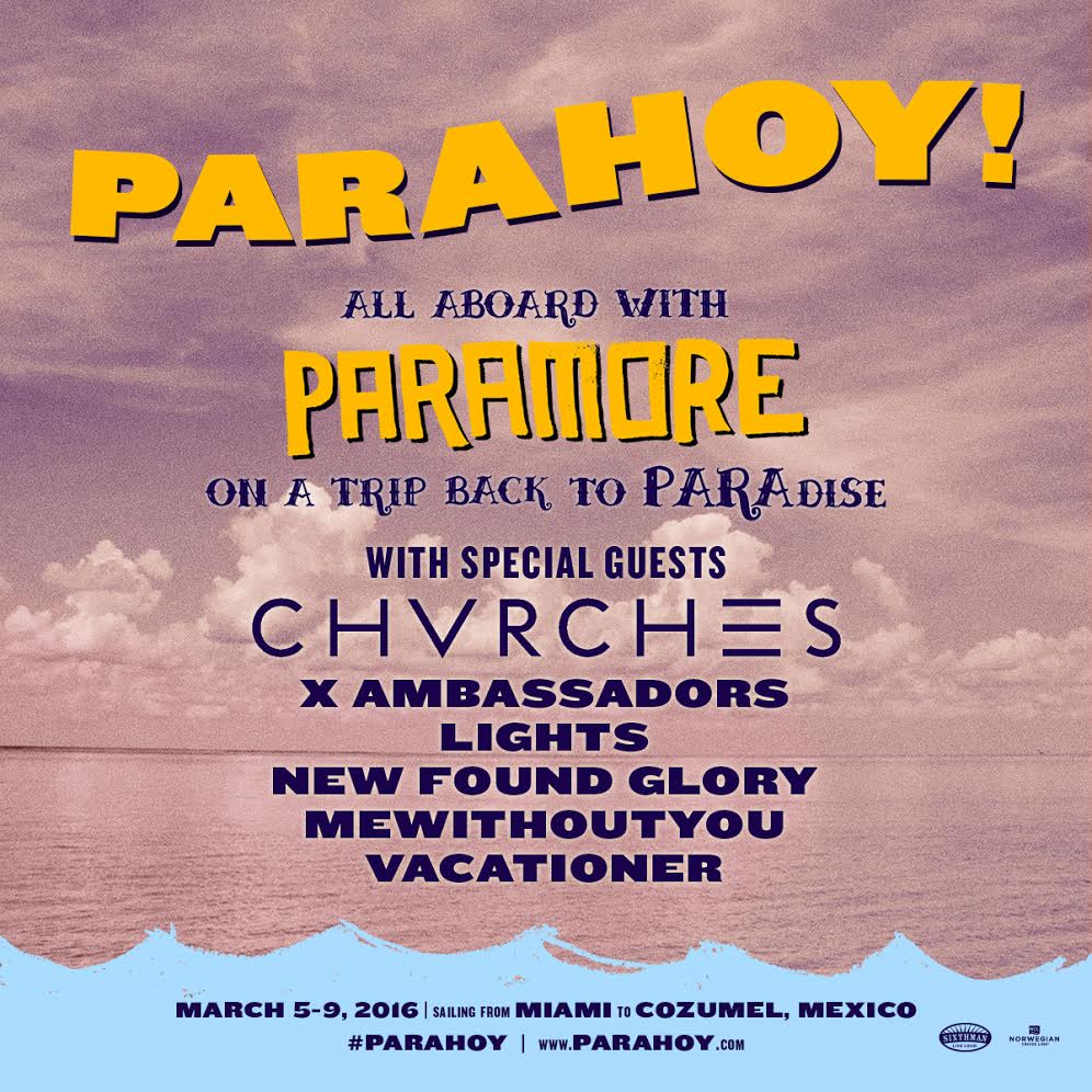 XAmbassadors's tweet photo. Excited to be setting sail w. these dudes @paramore @CHVRCHES @lights @newfoundglory @mewithoutYou @VacationerBand https://t.co/pc6GlG89Yd