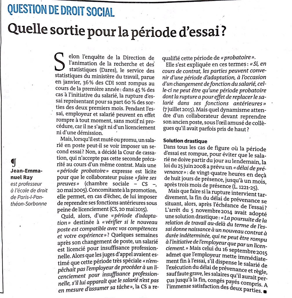 M2DRHP1's tweet photo. Quelle sortie pour la période d'essai ? Article signé Jean-Emmanuel Ray publié ce jour dans #LeMonde #DroitSocial https://t.co/8fi68nwtax
