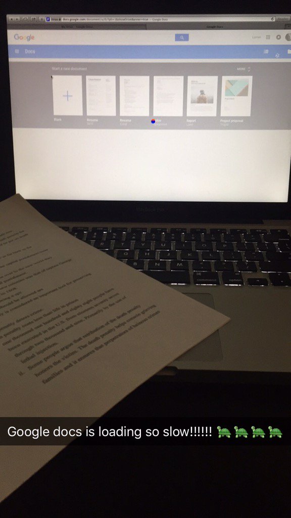 Larrenmariexoxo's tweet image. I don't think google docs wants me to type up my paper on Capital Punishment. #loadfasterdamnit #turtlepace 🐢🐢🐢🐢🐢🐢💚
