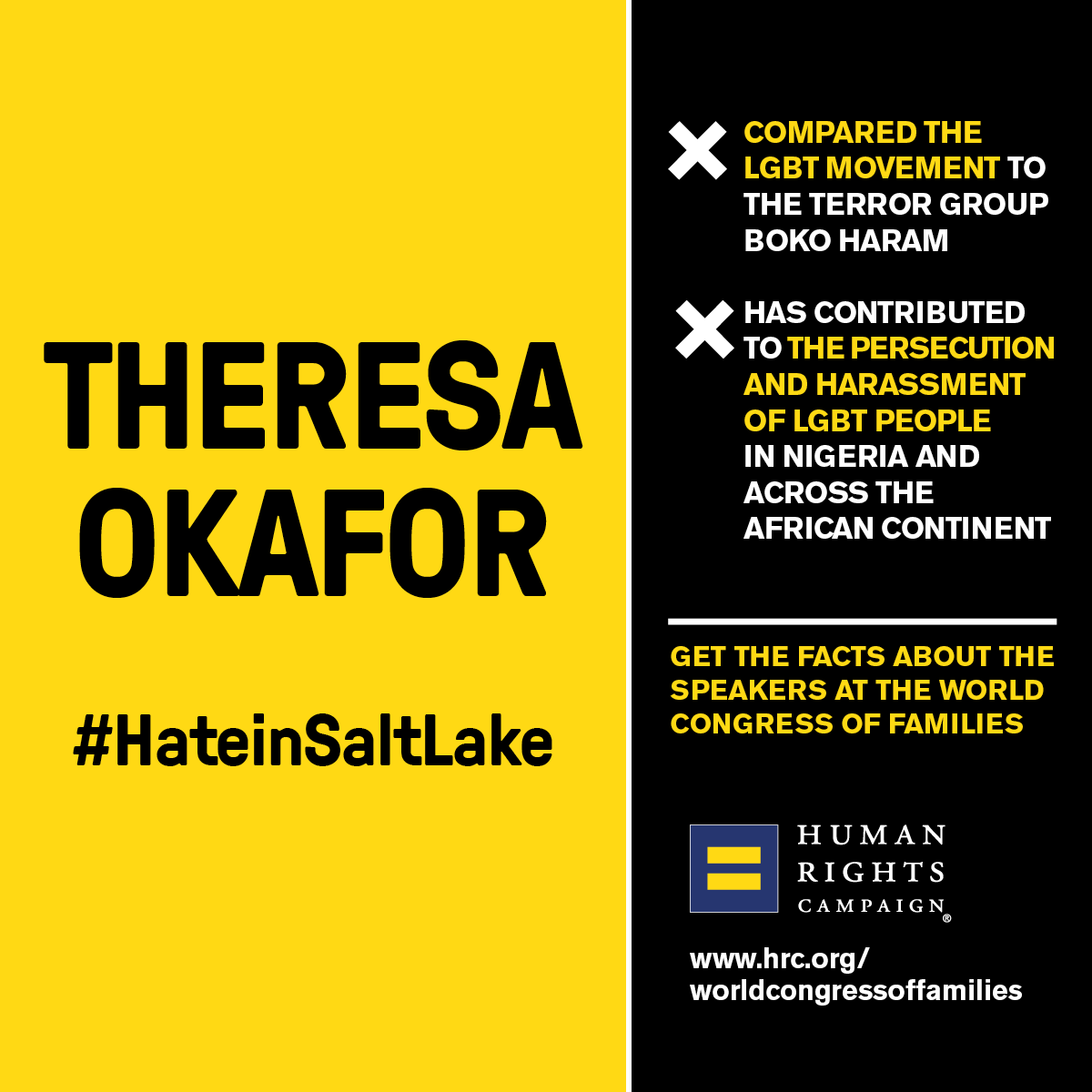 HRC's tweet image. Call it Out: Theresa Okafor calls LGBT rights a danger #WCF9 #HateinSaltLake hrc.org/WorldCongresso… @HRC #HRCGlobal