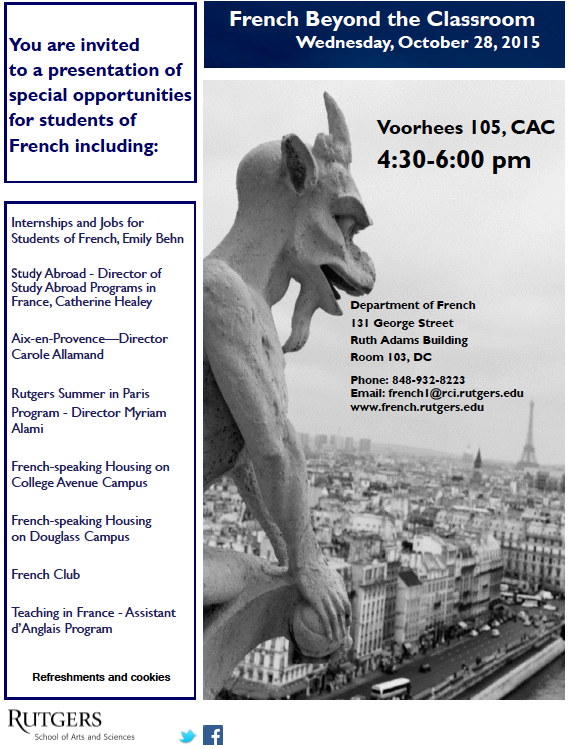 FrenchAtRutgers's tweet photo. You feel ready to go to France and live an authentic experience ? Come join us in Voorhies 105 CAC ! 10/28 4:30-6pm https://t.co/B8dtJnDD1b